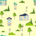 Seamless pattern. Street of houses and trees. Infinite city. In minimalist style. Flat isometric Royalty Free Stock Photo