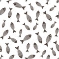 Seamless pattern with striped fish. Vector hand drawn illustration. Silhouettes with fish. The print is used for Wallpaper