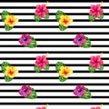 Seamless Pattern - Striped pattern with exotic flowers Royalty Free Stock Photo