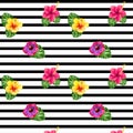 Seamless Pattern - Striped pattern with exotic flowers Royalty Free Stock Photo