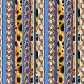 Seamless pattern with stripes, leopard skins and chains on a blue background Royalty Free Stock Photo