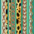 Seamless pattern of stripes, leopard skins and chains on a turquoise background
