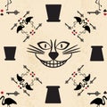 Seamless pattern in the style of Alice in Wonderland. Vector background with the Cheshire cat