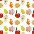 Seamless pattern in the style of pop art from the halves of the Apple, pear and lemon.