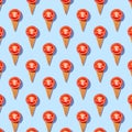 Seamless pattern of stylish mockup with tomato in an ice cream waffle cone on a pastel blue background. creative healthy