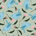 Seamless pattern with stylized blue birds and a lungwort