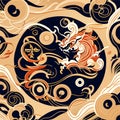 Seamless pattern with a stylized Chinese dragon on a dark background. generative AI