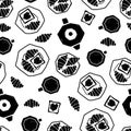 Seamless pattern with stylized coffee cup, coffee pot and croissant on a white background.