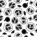 Seamless pattern with stylized coffee cup, coffee pot and croissant on a white background.