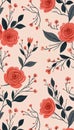 Seamless pattern with stylized coral roses, delicate buds on pale peach background. Dark grey leaves, thin branches create visual Royalty Free Stock Photo
