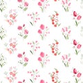 Seamless pattern with stylized cute flowers - roses, tulips and snowdrops.