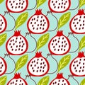 Seamless pattern with stylized fruit pomegranates and leaves on a blue background. Vector flat illustration