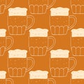 Seamless pattern stylized illustration mugs of beer on brown background