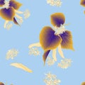 Seamless pattern with stylized inflorescence of linden in beige, brown colors on blue background