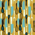 Seamless pattern with stylized knife, spoon, fork, corolla ornament. Doodle cartoon kitchen elements in ocher and blue tones