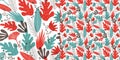 Seamless pattern of stylized leaves, branches and flowers.