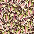 Seamless pattern with stylized leaves. Floral endless pattern filled with green and pink leaves. Watercolor hand drawn
