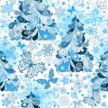 Seamless pattern with stylized magical forest, firs, snowflakes Royalty Free Stock Photo