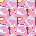 Seamless pattern of stylized multicolored hearts on a pink background