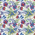 Seamless pattern with stylized ornamental flowers in retro, vintage style. Jacobin embroidery. Colored vector