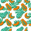 Seamless pattern of stylized papaya and tropical leaves, drawn elements in doodle style. Whole papaya, parts, slices