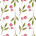 Seamless pattern of stylized red sakura cherry berries and green leaves on a white background. Hand drawing. Royalty Free Stock Photo