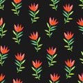 Seamless pattern with stylized watercolor red flowers on a black background. Royalty Free Stock Photo