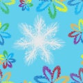 Seamless pattern with stylized white and rainbow snowflakes