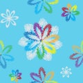 Seamless pattern with stylized white and rainbow snowflakes on blue background