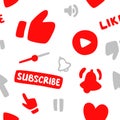 Seamless pattern.Subscription, call button and hand cursor. Red button subscribe to a channel, blog, Like button, thank you,