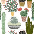 Seamless pattern with succulent plants and cactuses in pots. Vector botanical graphic set