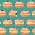 Seamless pattern with sufganiyah jelly donuts with powdered sugar topping, with missing bite and berry jam filling. Vector illustr Royalty Free Stock Photo