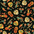 Seamless pattern with sugar skull decorated by design elements and colorful floral ornament. Mexican national holiday Royalty Free Stock Photo