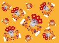 Seamless pattern with sugar skulls and flowers on orange background. Royalty Free Stock Photo