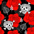 Seamless pattern with sugar skulls and red roses. Royalty Free Stock Photo