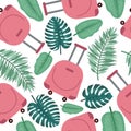 Seamless pattern suitcase and tropical leaves