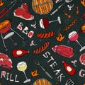 Seamless Pattern of Summer BBQ Grill Party. Glass of Red, Rose and White Vine, Steak, Sausage, Barbeque Grid. Black Board Backgrou Royalty Free Stock Photo
