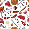 Seamless Pattern of Summer BBQ Grill Party. Glass of Red, Rose and White Vine, Steak, Sausage, Barbeque Grid, Tongs, Fork, Fire, K Royalty Free Stock Photo