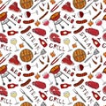 Seamless Pattern of Summer BBQ Grill Party. Glass of Red, Rose and White Vine, Steak, Sausage, Barbeque Grid, Tongs, Fork, Fire, K Royalty Free Stock Photo