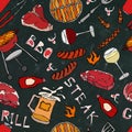 Seamless Pattern of Summer BBQ Grill Party. Glass of Red, White VineSteak, Sausage, Barbeque Grid, Tongs, Fork. Black Board Backgr Royalty Free Stock Photo