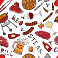 Seamless Pattern of Summer BBQ Grill Party. Glass of Red, White VineSteak, Sausage, Barbeque Grid, Tongs, Fork. Hand Drawn Vector Royalty Free Stock Photo