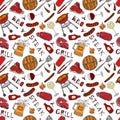 Seamless Pattern of Summer BBQ Grill Party. Glass of Red, White VineSteak, Sausage, Barbeque Grid, Tongs, Fork. Hand Drawn Vector Royalty Free Stock Photo