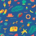 Seamless pattern with summer beach objects. Seasonal background. Royalty Free Stock Photo