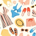 Seamless pattern with summer clothes and accessories on white background - sunglasses, shorts, straw hat, swimsuit Royalty Free Stock Photo