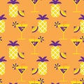 Seamless pattern, summer cocktails and pineapples, purple and orange colors. Geometric design, print, textile, wallpaper Royalty Free Stock Photo