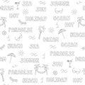 Seamless pattern summer concept. Words summer Paradise ocean Sea Vacation Beach. Contour drawings of palm trees