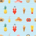 Seamless pattern with summer elements and striped background. Camera, swimsuit, cocktail, hat, ice cream, bag and pineapple. Royalty Free Stock Photo