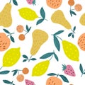 Seamless pattern with summer fruits. Cherry berries, apples, lemons, pears and leaves Royalty Free Stock Photo