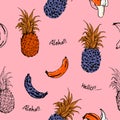 Seamless pattern in Summer fruits pineapple and bananas fill in with animal leopard skin design for fashion fabric and all Royalty Free Stock Photo