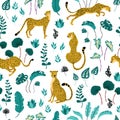 Seamless pattern of summer paradise in tropical jungles with cheetahs and foliage on white backdrop Royalty Free Stock Photo